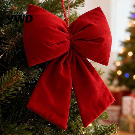 Christmas Tree Topper Bows Flocked Fabric Bow, Large Red Bow with Hanging Strap, for Party Supplies Festive Pendant Tree, Holiday Home Mantel