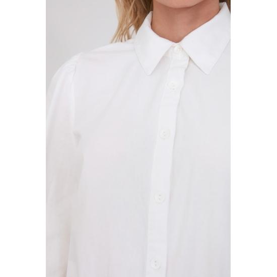 White Woven Balloon Sleeve Basic Stylish Cotton Shirt