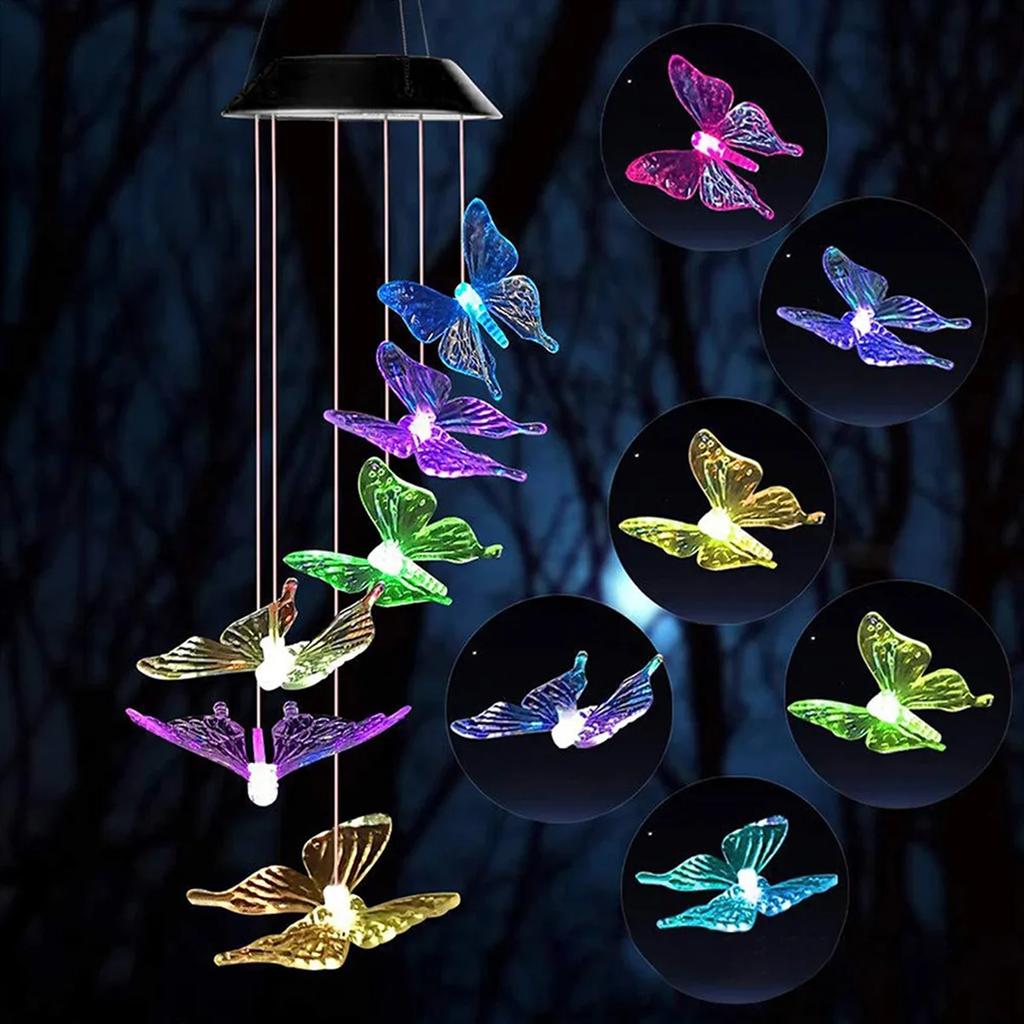 Butterfly Solar Wind Chime Light Multicolor Light Waterproof Chandelier with Bell for Garden Home Yard Lawn Decoration