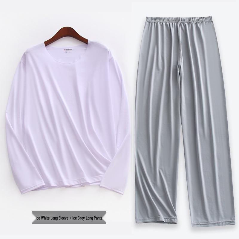 Liquid Ice Silk Ultra-Thin Men's Pajama Set - Spring/Summer Long Sleeve Top & 9/9 Length Pants, High Elastic Home Wear