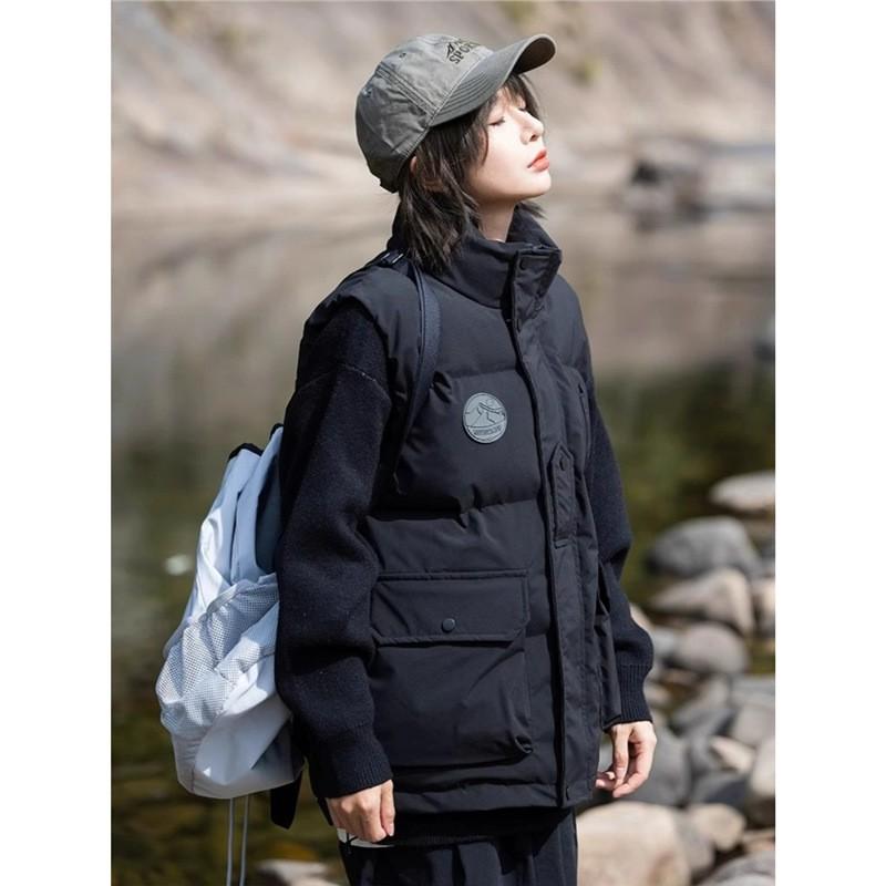 Winter Japanese Retro Stand Collar Cargo Puffer Vest Thick Warm Sleeveless Jacket Men Women