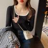 Long-sleeve T-shirt for Women Spring and Autumn Bottom Blouse Slim Knitted Patchwork Square Neck Top