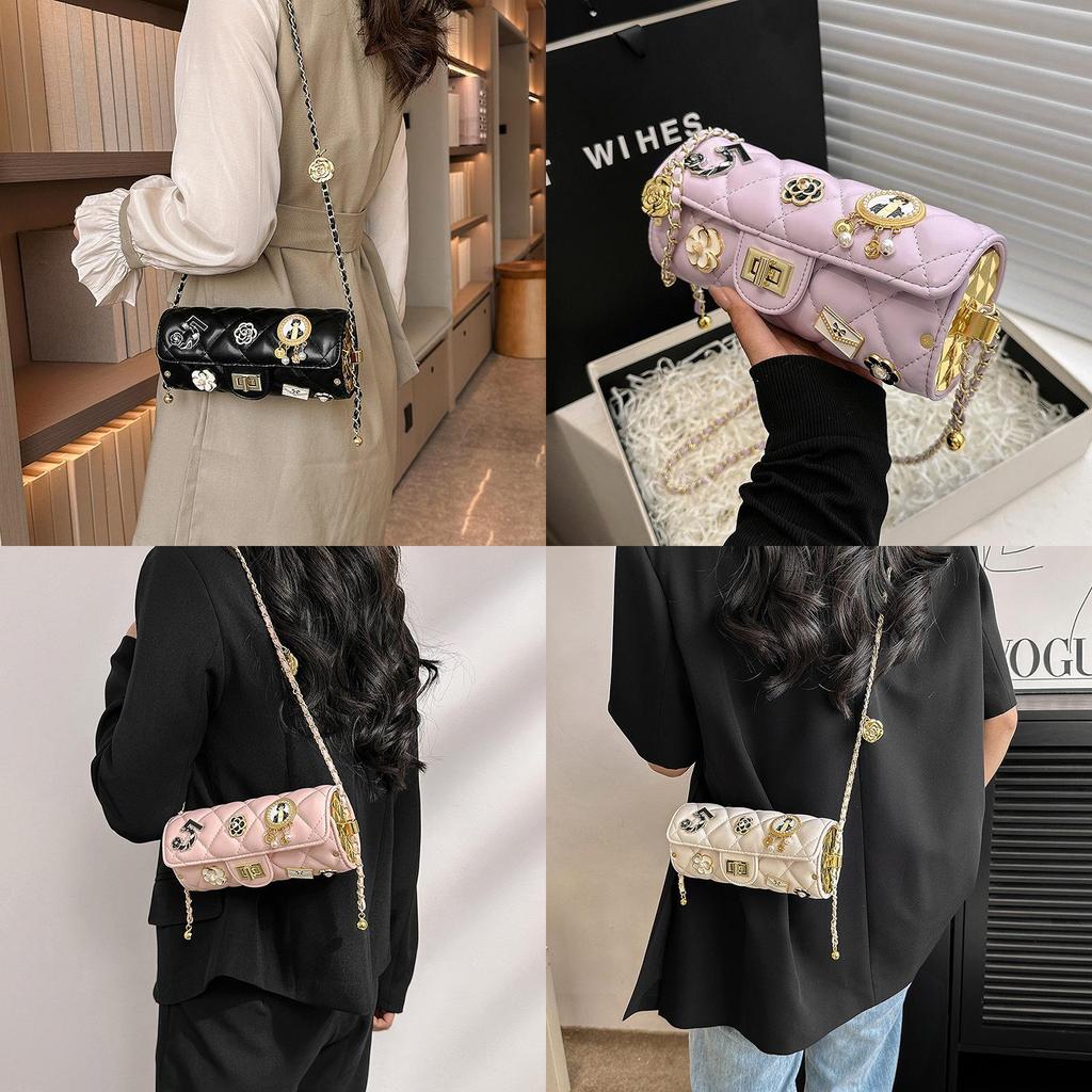 Trendy Small Cylinder Purse With Chain Strap And Secure Lock For Casual Outings