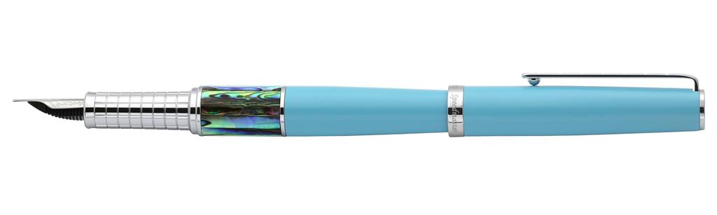 Xezo Speed Master fountain fine Матовый небесно-голубой пауа абалоне хром Легкая латунная ручка, перо. синий, ракушка. покрыло. тело.