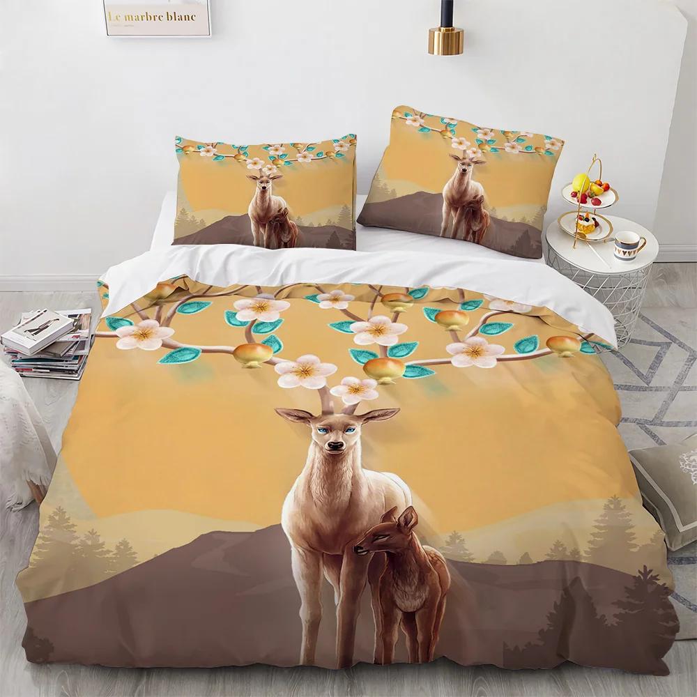 Deer Duvet Cover Set Wild Animals Flowers Pattern Polyester Bedding Set King Twin Full Size Comforter Cover For Kids Boys Girls