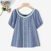 Women Casual Round Neck Plaid Print Summer Short Sleeve Blouse