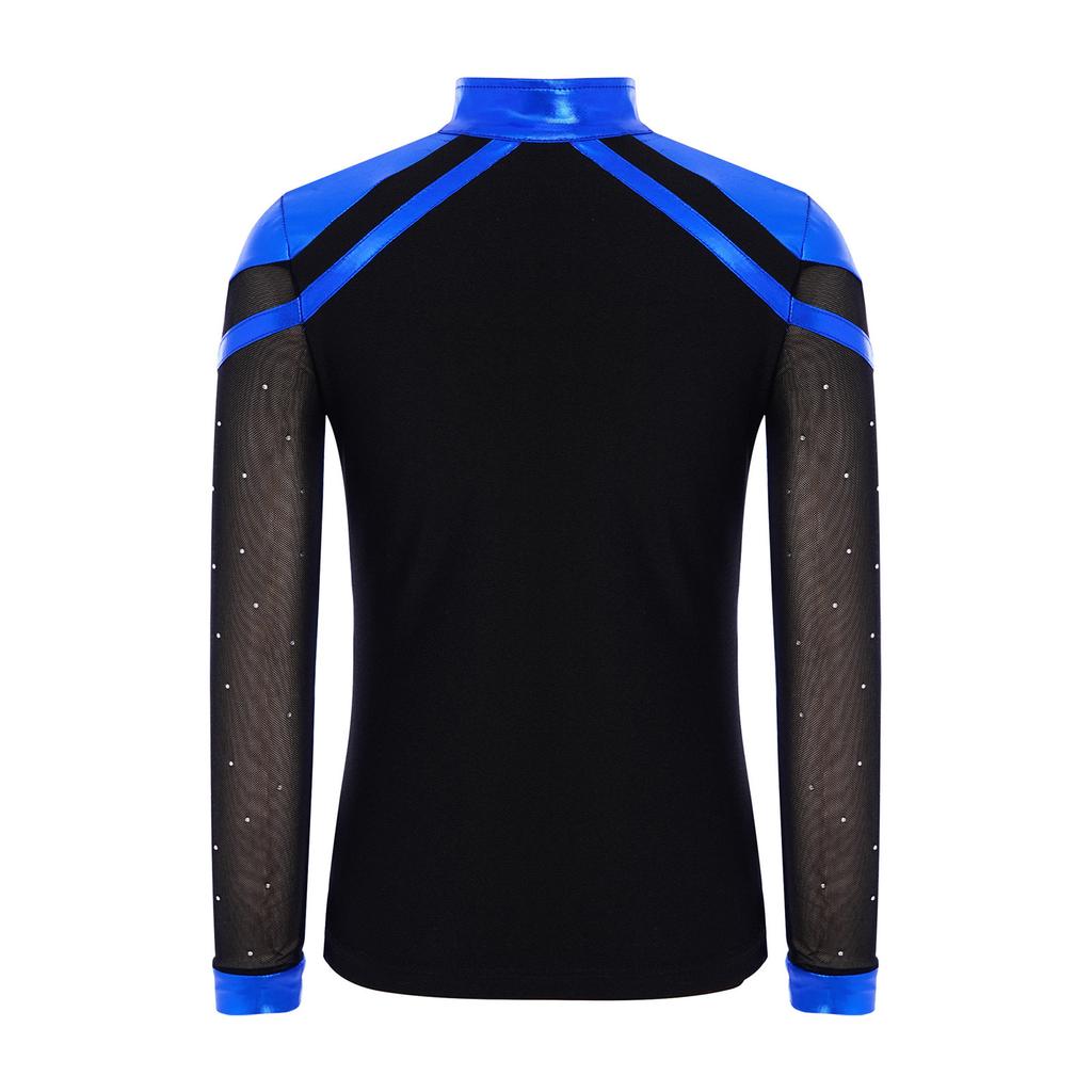 Boys Skating Performance Top: V-Neck Long Sleeve Rhinestone Color Block with Split Hem for Competition Costume