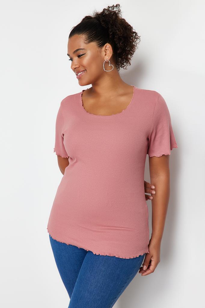 Women's Fashion New Big Size Blouse Stone Ribbed U-Neck Knitted T-Shirt