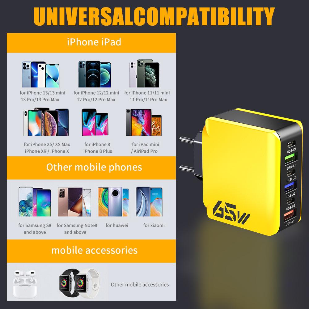 6 портов зарядное устройство для телефона быстрая зарядка QC3.0 зарядное устройство PD + USB 65 Вт супер зарядка для iphone Xiaomi Huawei