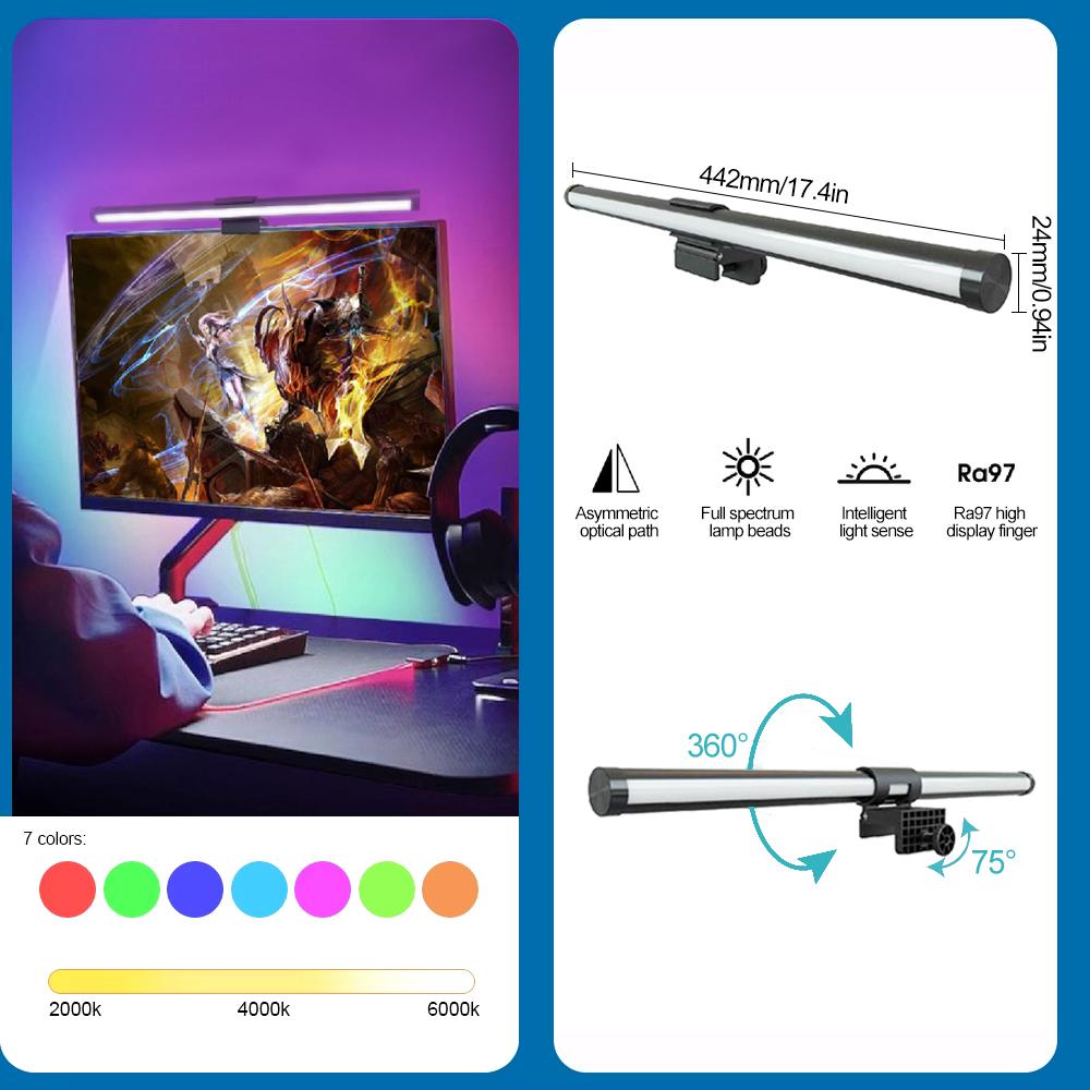 RGB Световая панель для монитора компьютера USB Лампа для чтения Светодиодная подвесная лампа для экрана Защита глаз Диммирование Цветовая температура Дом Офис