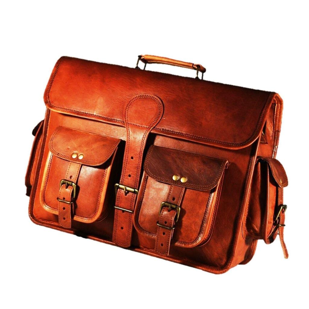 Vintage Briefcase Goat Leather Messenger Real Satchel Bag Brown Genuine Laptop