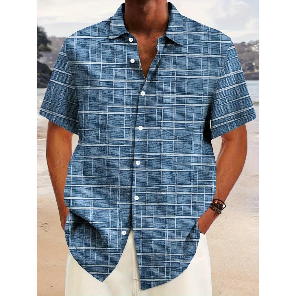 Summer Men's Retro Geometric Pattern Short Sleeved Shirt with Buckle Pocket - Breathable