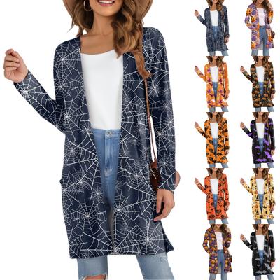 Женский модный повседневный удобный кардиган средней длины с принтом на Хэллоуин и карманами