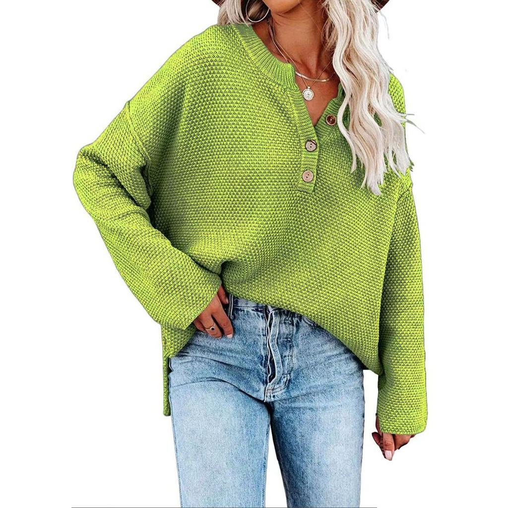 Женская мода, повседневный однотонный свободный вязаный пуловер с круглым вырезом и пуговицами, топ