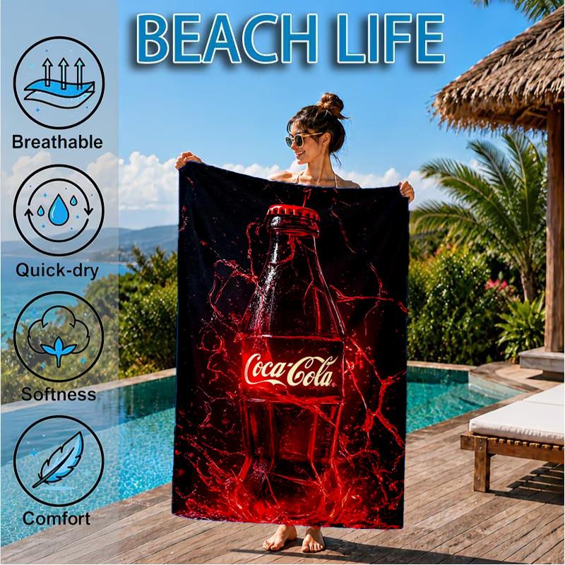 Пляжное полотенце Coca-cola с художественным дизайном, Быстросохнущее, Легкое в уходе, Подходит как для занятий фитнесом, так и для пляжного отдыха, Спортивный незаменимый аксессуар