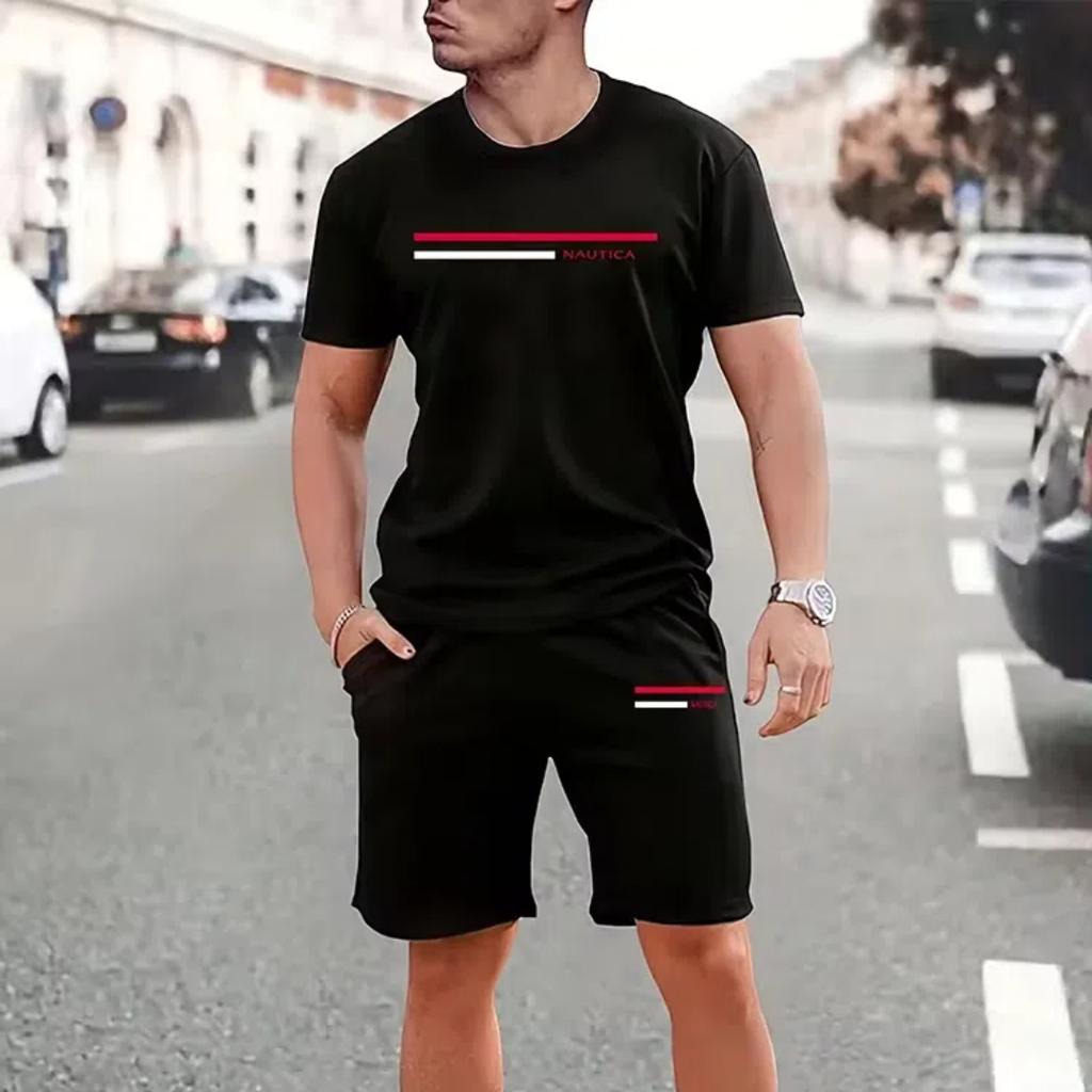 Летний уличный мужской костюм с короткими рукавами, повседневный, повседневный, модный, с короткими рукавами, для активного отдыха, спортивные шорты, новаторский полосатый принт