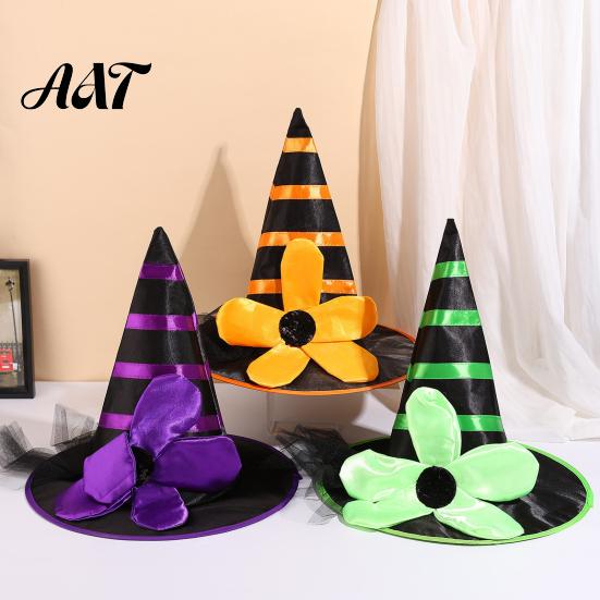 Soft Playful Witch Hat Halloween for Women Girls, Large Striped Wizard Decorative Headpiece with Flower Costume Accessories, Cosplay, Party Theatrical