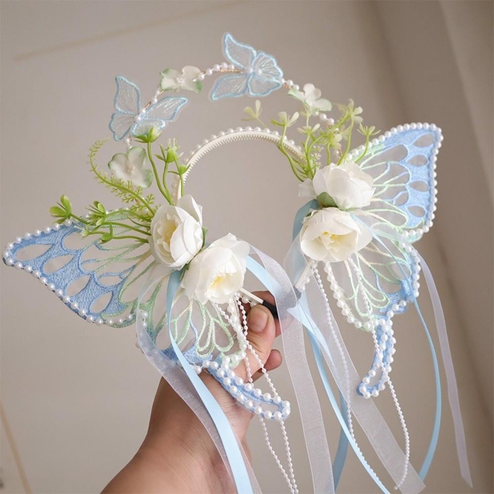 Silk Ribbon Butterfly Flowers Hairband Pearl Beads Decorative Headwear Floral Headwear Women Wear