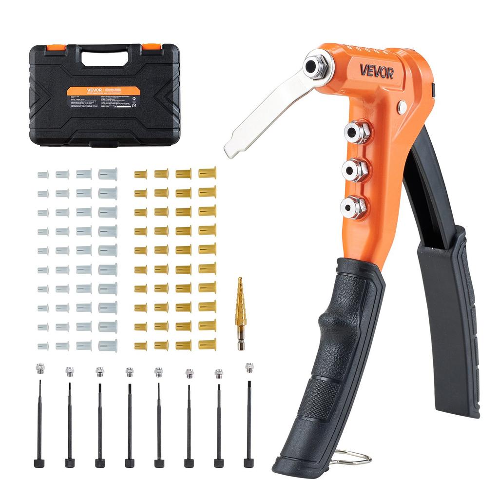 VEVOR Rivet Nut Tool Kit, 230 mm One-Handed Rivnut Tool Kit, with 8 Mandrels, a Step Drill Bit and 80 Nuts, Metric and SAE Size M3, M4, M5, M6, 6-32