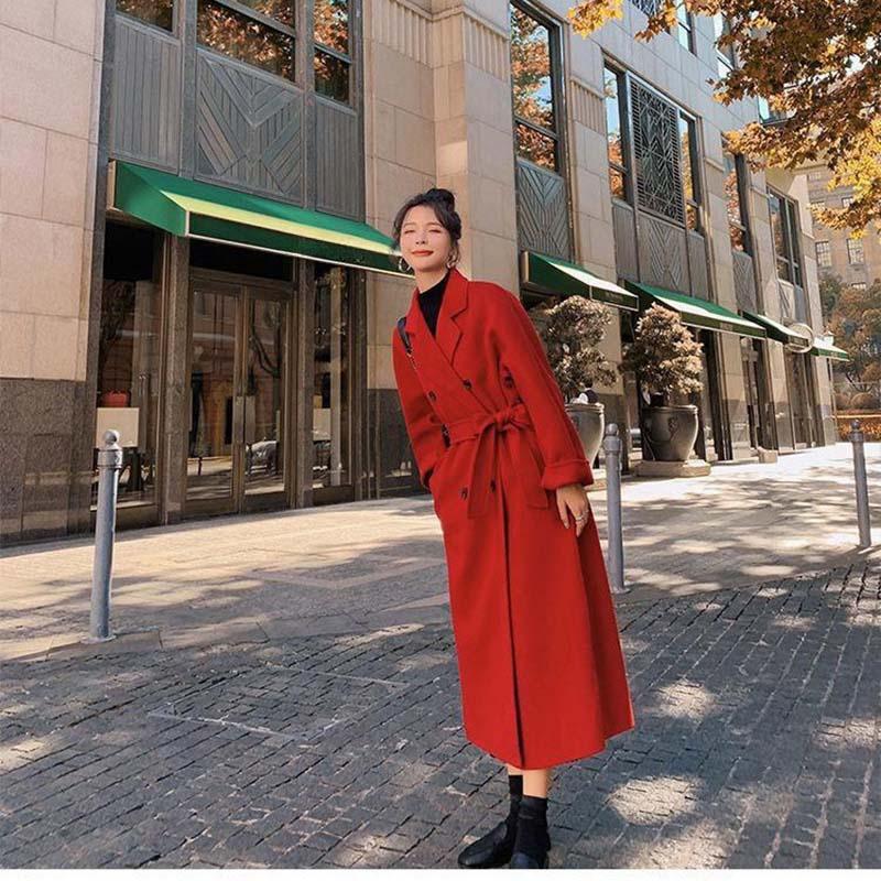 Женское элегантное зимнее осеннее свободное длинное шерстяное пальто с поясом шерстяное пальто толстое теплое шерстяное оверсайз верхняя одежда