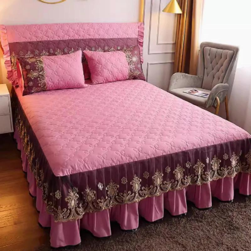 3-piece Bed Skirt Set Modern Minimalist Lace Bedspread Household Dustproof and Machine Washable Thickened Bed Covers