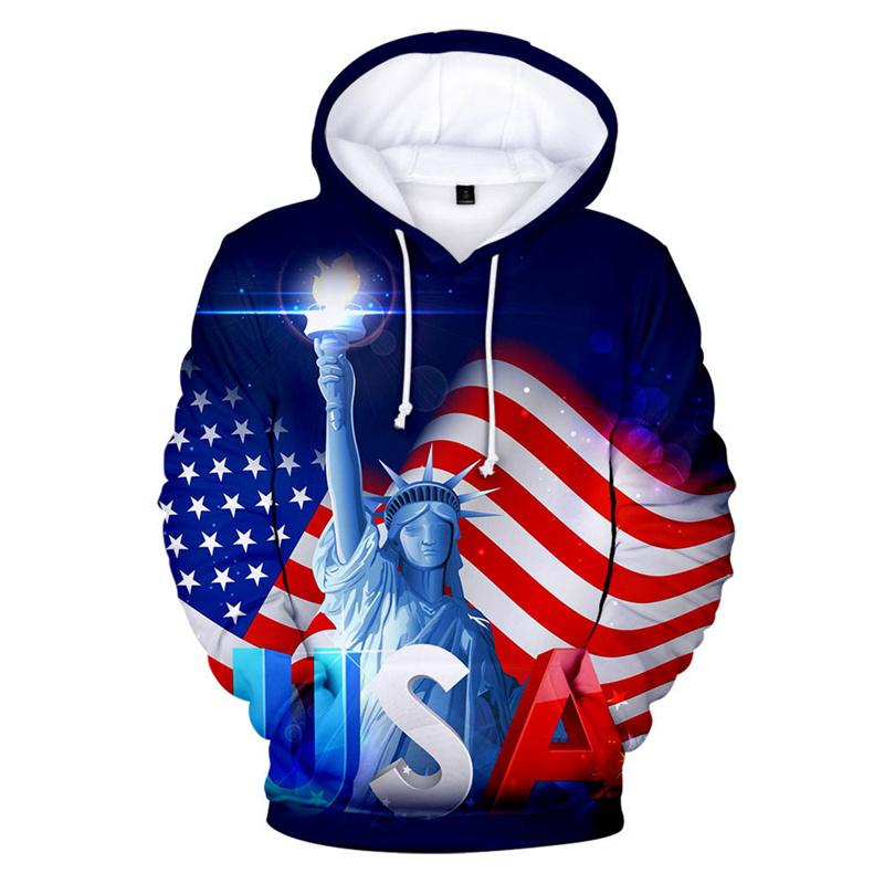 Star Stripe Motif Print Hoodie, Liberty Symbol and Wild Bird Texture Art Full Graphic Loose Pullover, Great for National Culture Fan Casual Gatherings