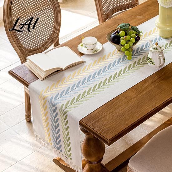 Modern Home Table Centerpiece Embroidered Leaf Runner with Tassels Rustic Farmhouse Rectangle Tablecloth Imitation Pastoral Style Dressing