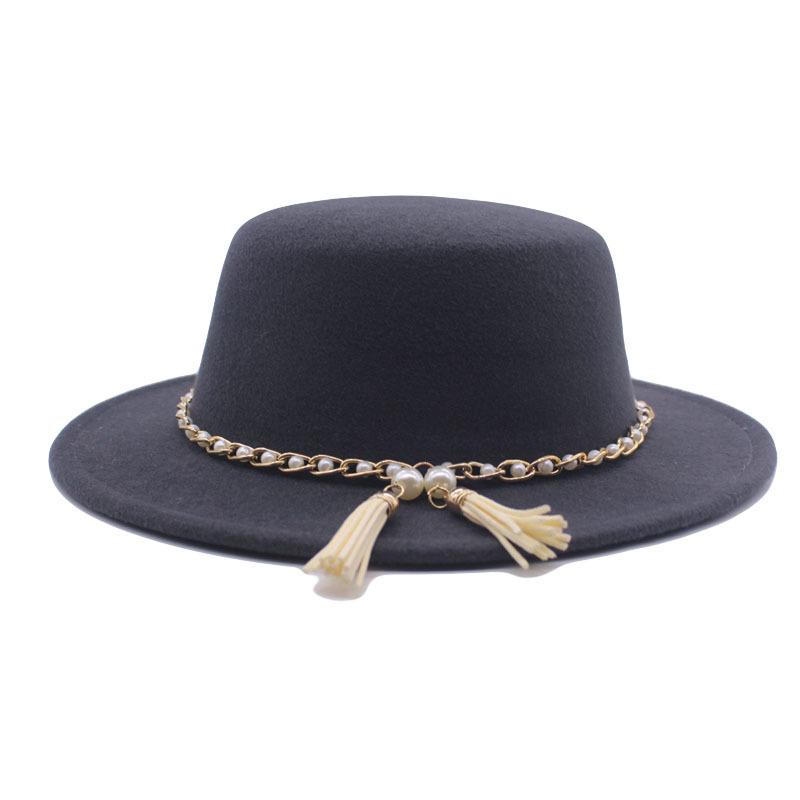 European, American and British style retro fringed pearl chain woolen felt hat wide brim top hat flat top lady hat trendy girl