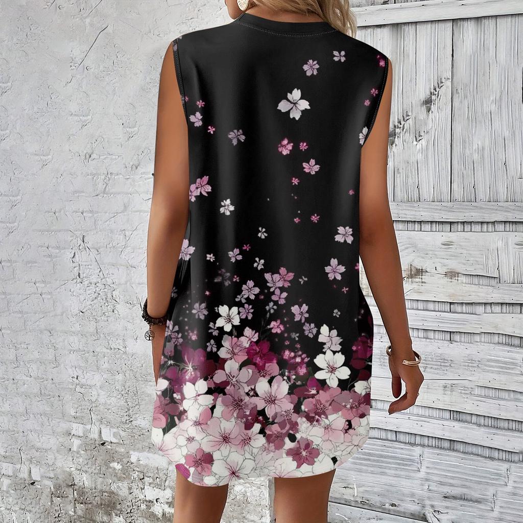 Женское повседневное и модное платье средней длины с круглым вырезом и без рукавов с принтом