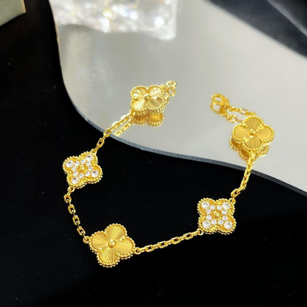 Браслет «Четырехлистный клевер» с пятью цветками, версия High, натуральный фиолетовый халцедон, лазерная CNC-резьба, 18 карат, не тускнеющий, женский браслет