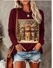 Women Long Sleeve T‑Shirt Christmas Three Cats With Hat Scarf Gift Snowflake Print Crew Neck Casual Tops