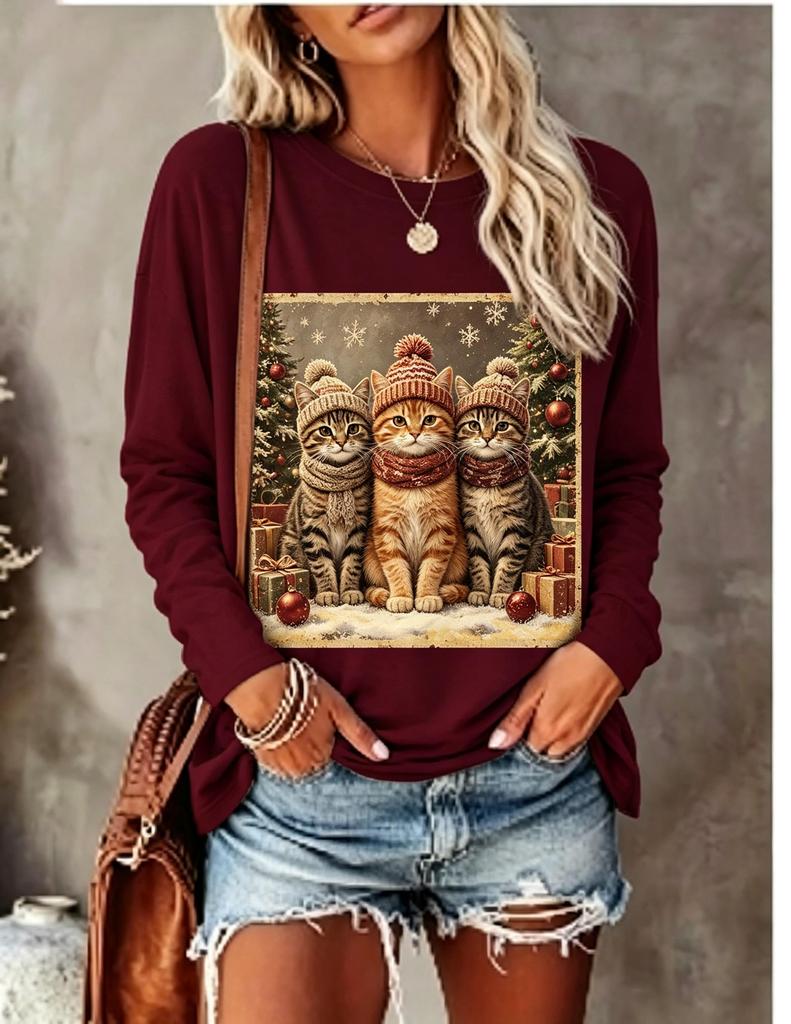 Women Long Sleeve T‑Shirt Christmas Three Cats With Hat Scarf Gift Snowflake Print Crew Neck Casual Tops