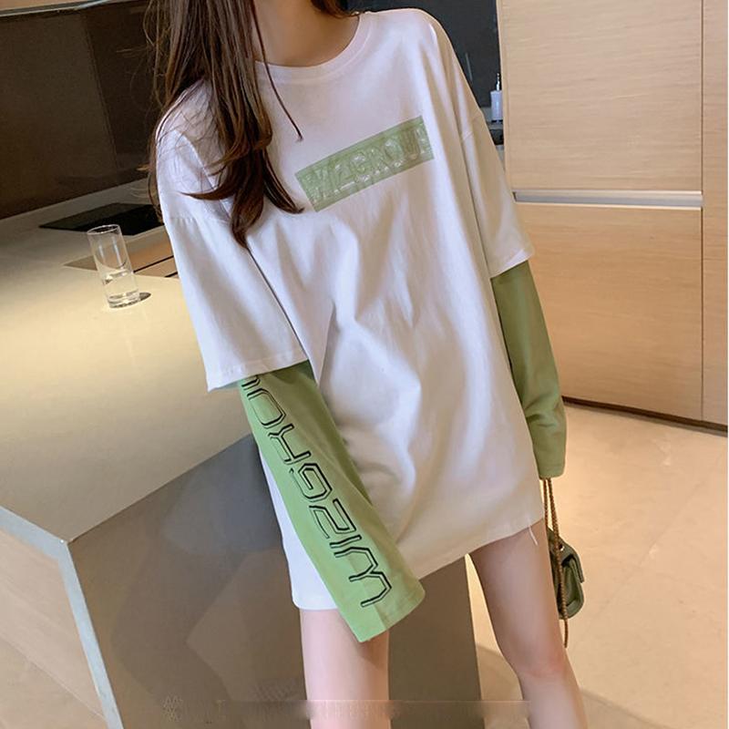 Топ, женская весенне-осенняя футболка средней длины с длинными рукавами, женская новая студенческая свободная осенняя куртка для отпуска из двух предметов