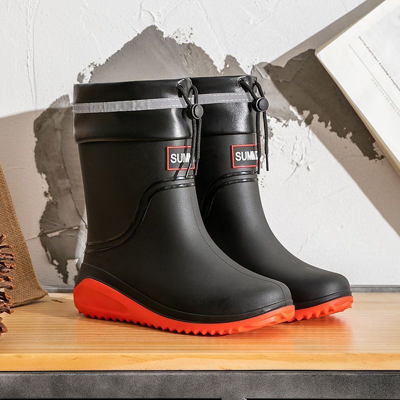 Men's Comfortable Mid-Calf Waterproof Rain Boots Fleece Lined Non-Slip Fishing Kitchen Work Rubber Shoes