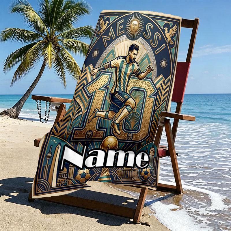 Custom Name Personalized Leo Messi Print Beach Towel, for Trip Camping Beach Party Home Decor, Birthday Gift for Family & Friends