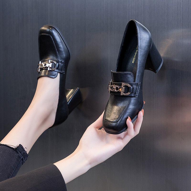 FHC Новые Женские Мягкие Туфли-Лодочки, На Высоком Каблуке, Лоферы, Мелкие Туфли, Квадратный Носок, Без Шнурков, Британский Стиль, Черный, Бежевый, Прямая Поставка