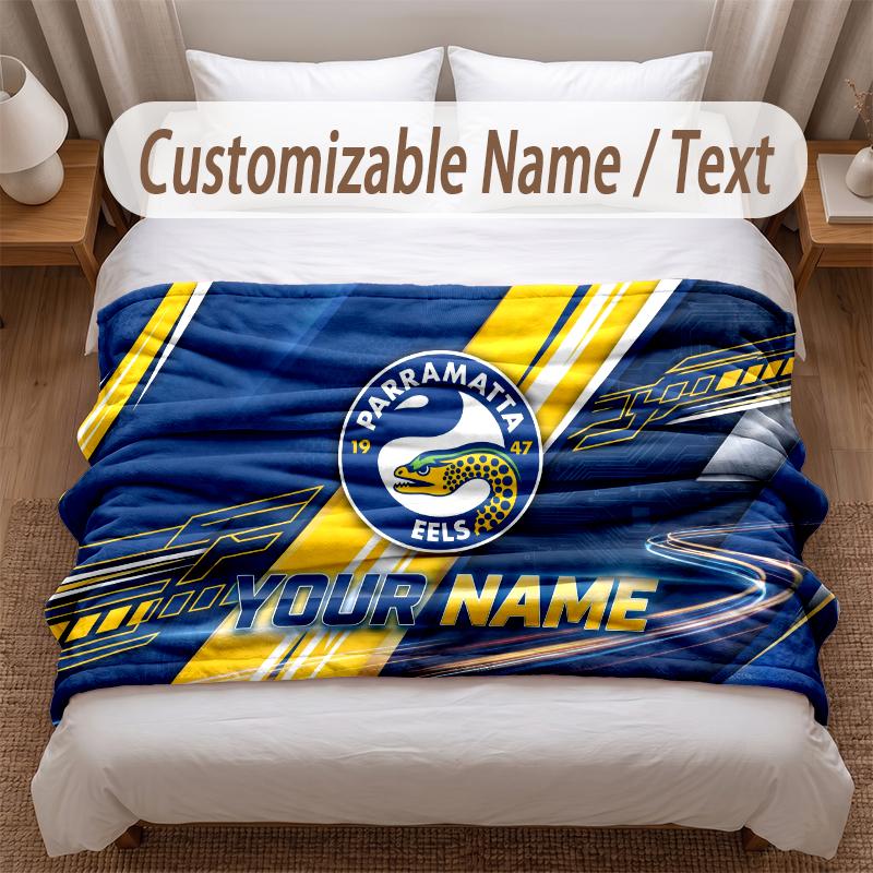 Parramatta Eels Printed Flannel Blanket Custom Name Text Soft Warm Throw For Bedroom Holiday Gift