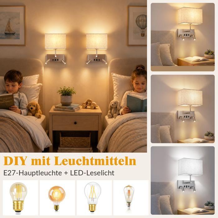 Applique murale - NETTLIFE - E27 abat-jour tissu - USB-A/USB-C - 2 LED orientables 360° - Métal blanc