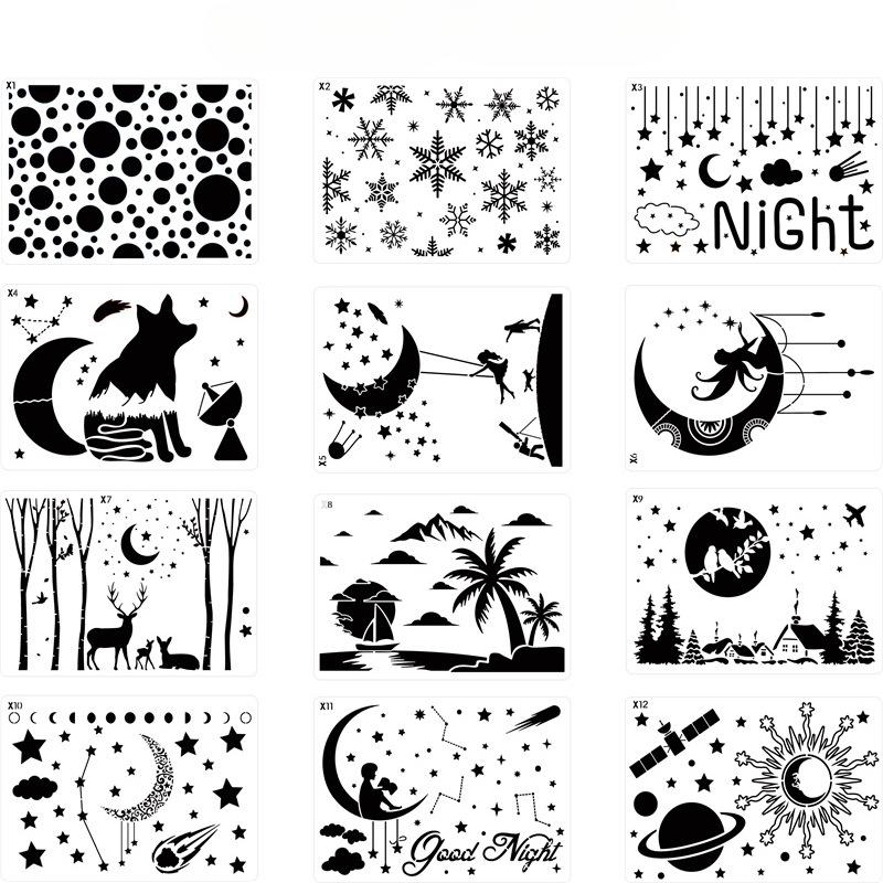 12 шт., Креативный, Романтичное звездное небо, Полый шаблон для рисования, DIY украшение, Настенная роспись, Распыление краски, Имитационная доска, Граффити-растирание
