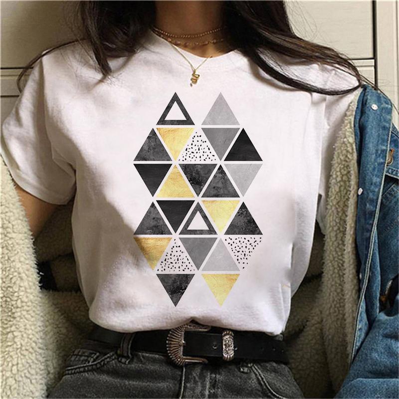 Women Beautiful Geometry Black Funny Print T Shirt Girl Cute Short Sleeve Harajuku 90S Clothes Drop