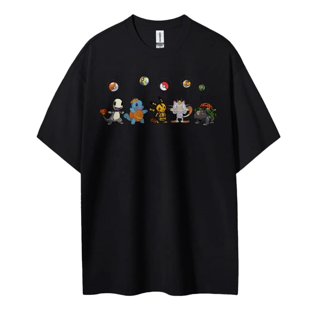 Новые принты Pokemon Новые мужские и женские футболки с коротким рукавом среднего и большого размера Детские футболки с коротким рукавом Чистый хлопок Круглый вырез Свободные топы
