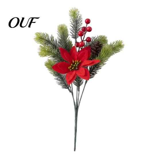 Lifelike Plastic Flowers for Tabletop Artificial Cedar Poinsettia Flowers, Realistic Floral Arrangement, Fake Flower And Pine Branch Indoor