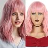 Women Fashion Shoulder Length Wavy Wig with Bangs Synthetic Fiber Water Wave Pink Color Wig for Women
