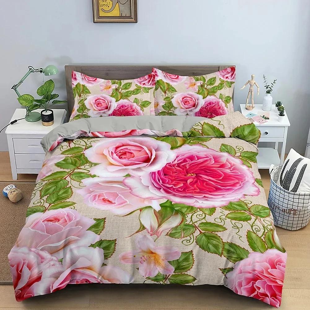 Rose Flower Comfortable Duvet Quilt Cover Pillowcase Bedding Set Children Bedroom Decoration Home Textile