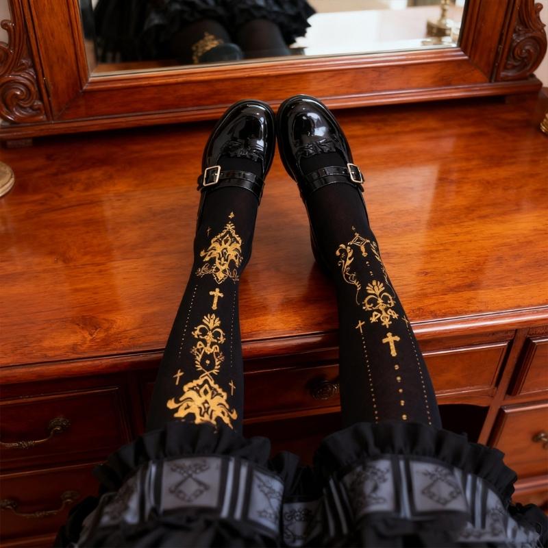 Women's Japanese Gothic Grunge Pantyhose Stockings Harajuku Aesthetic Crosses Print Opaque Tights Leggings Hosiery