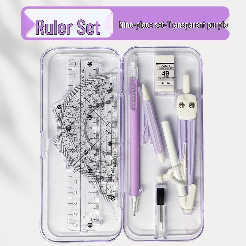 Набор геометрии из 9 предметов для школы: Компас, Транспортир, Линейка, Угольник и другое