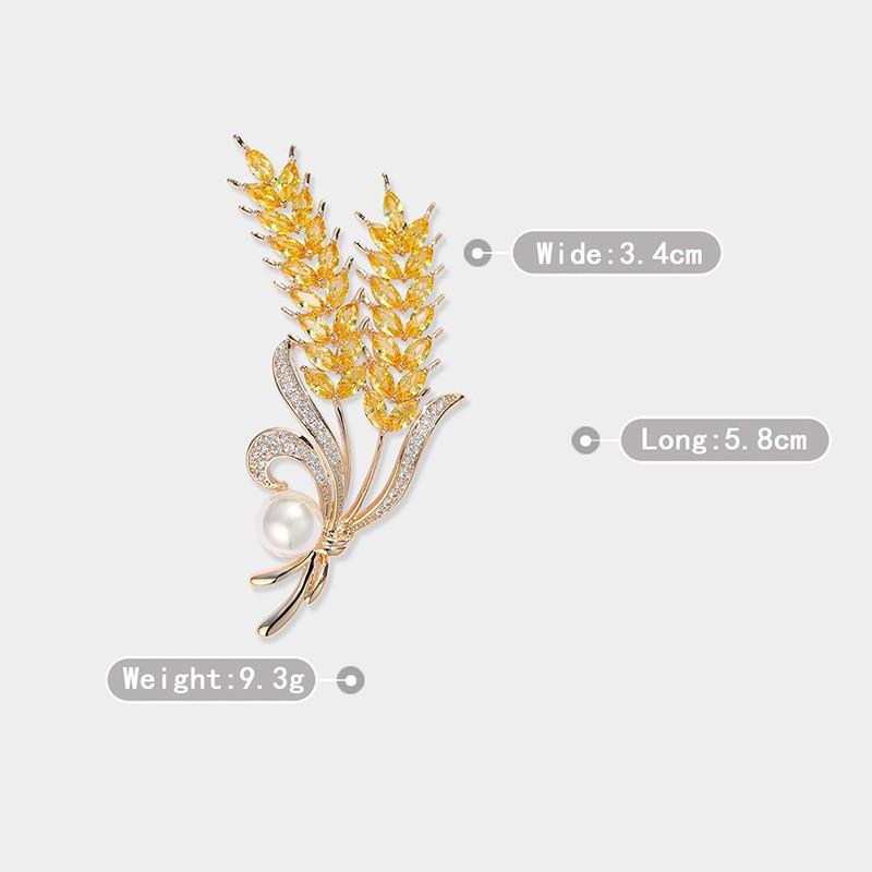 Elegant Wheat Stem Brooch Women Gold Plated Pearl Zircon Accessory Fashion Office Wear Pin