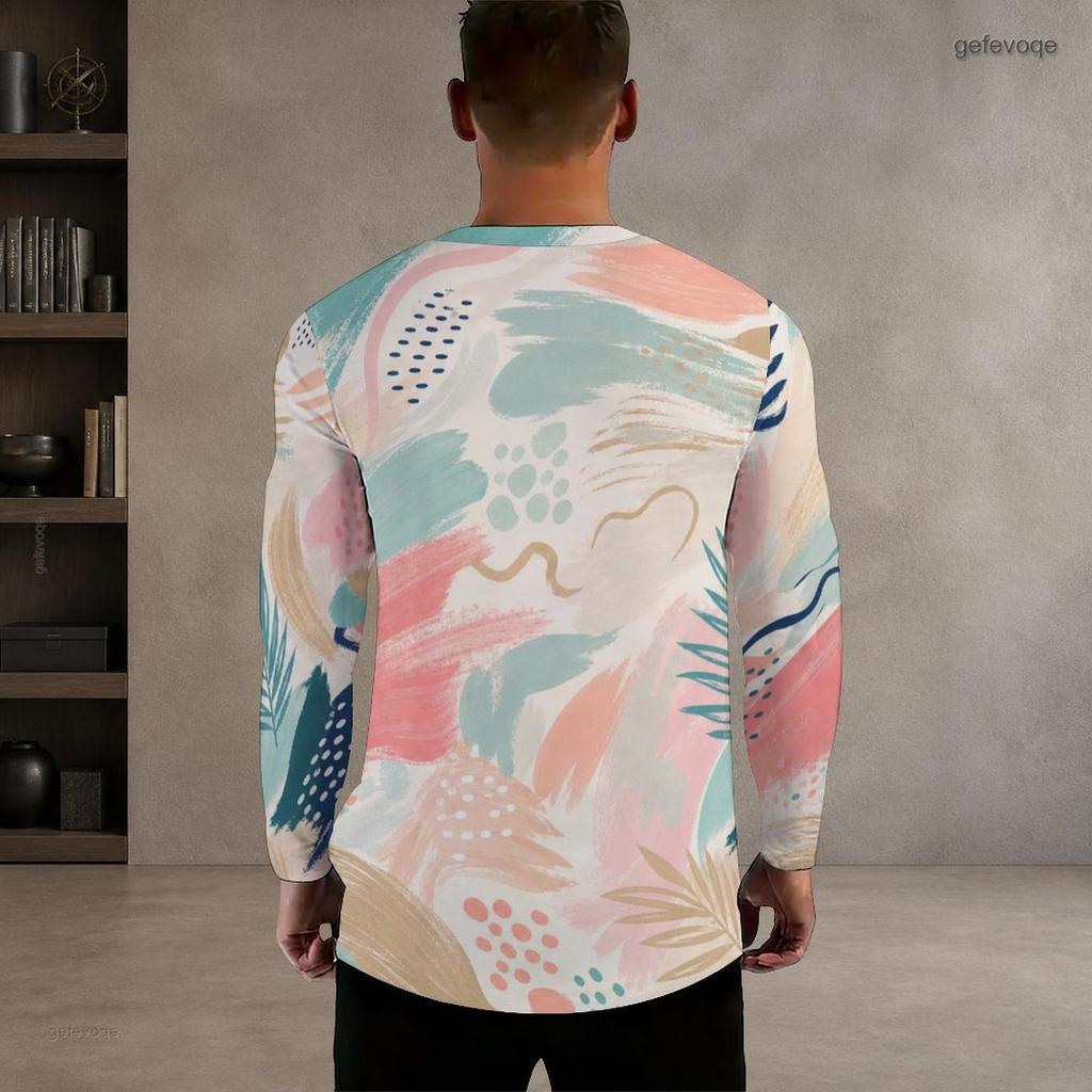 Men Plus Size Round Neck Long Sleeve Abstract Printed Casual T Shirt