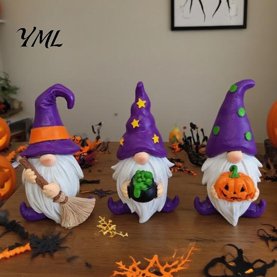 Halloween Souvenirs for Kids Gnome Resin Figurine, Broom Cauldron Pumpkin Dwarf Set Statue Desk Shelf, Spooky Holiday Party Supplies Small Room