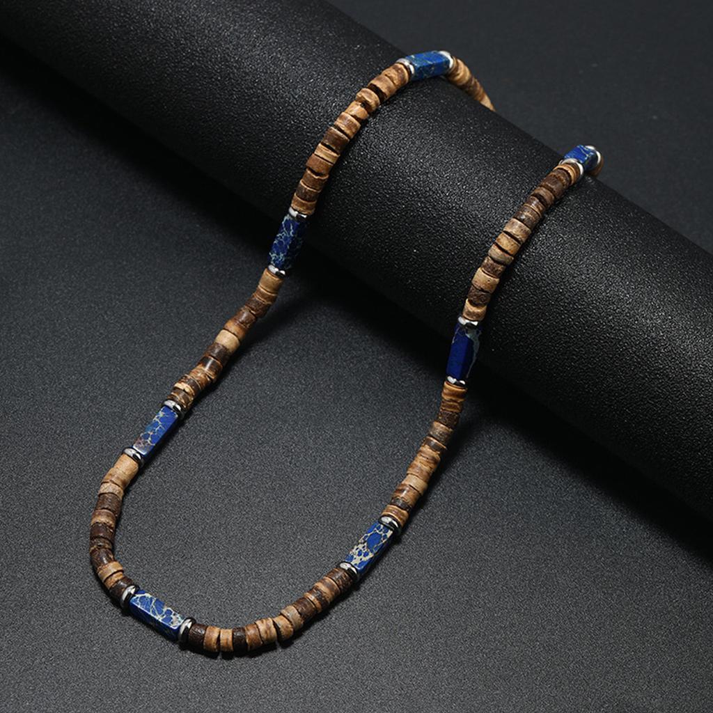 Retro Necklace Creative Trendy Neck Jewelry Made From Brown Coconut Shell Wood Beads And Natural Stone Pendant